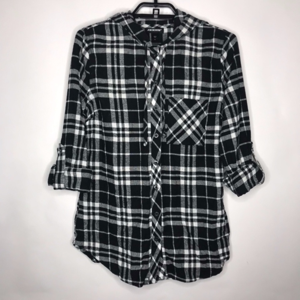 Joe Boxer Plaid Hooded Button Up Top